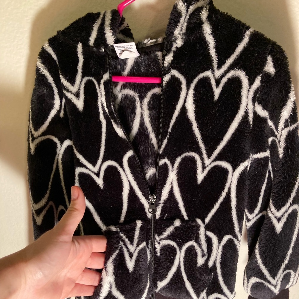 Black with White Hearts Zip-Up Hoodie Size 5T.